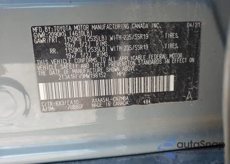 2021 Toyota Rav4 Xle Premium from USA, damaged, VIN 2T3A1RFV9MW198152